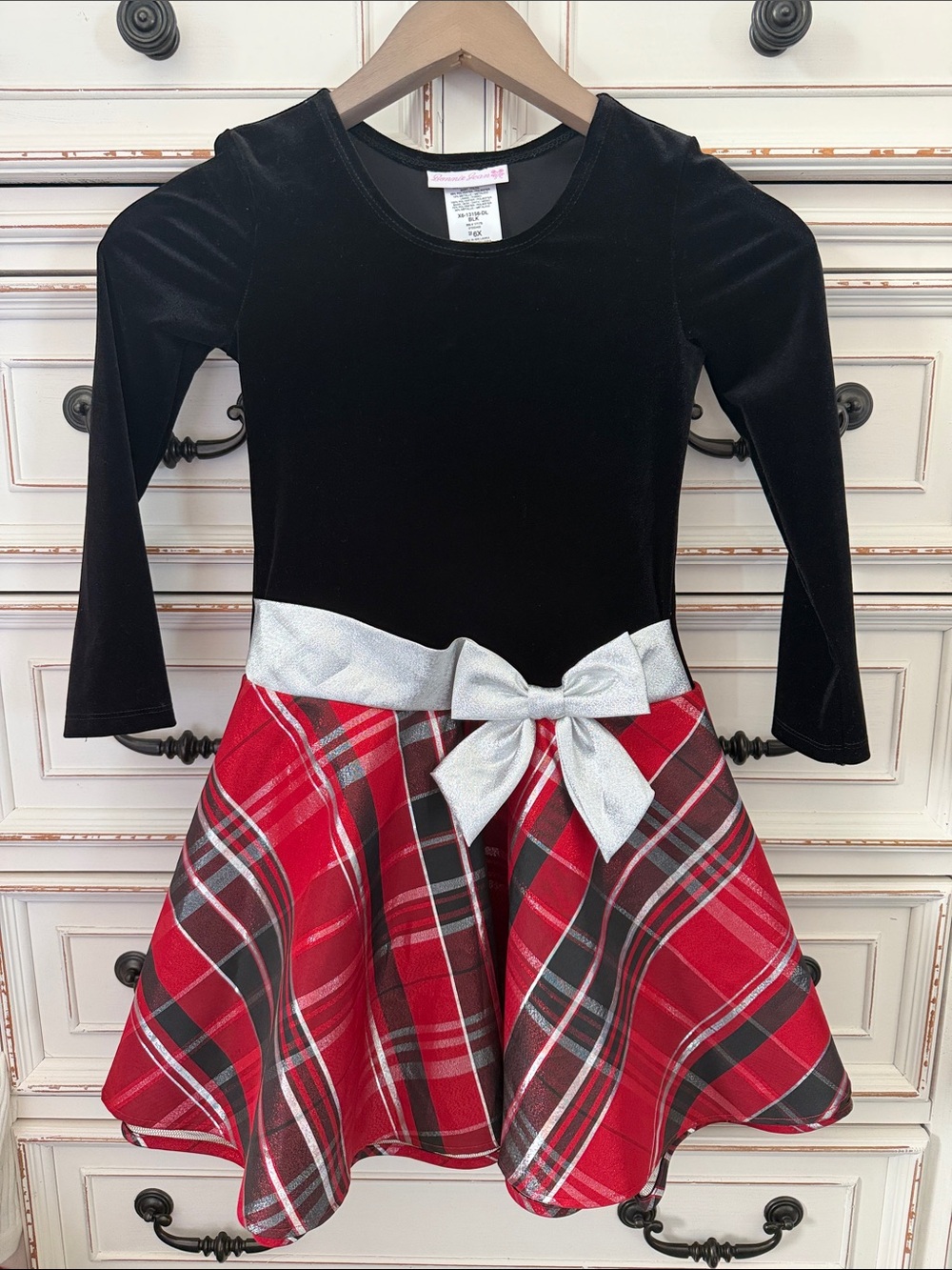 GIRLS BONNIE JEAN BLACK VELVET PLAID HOLIDAY DRESS WITH BOW DETAIL SIZE 6X